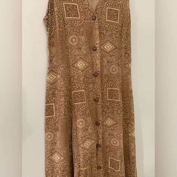 VTG Northern Isles Portraits Pattern Hippie Boho Maxi Button Down Linen Dress M - Picture 10 of 10